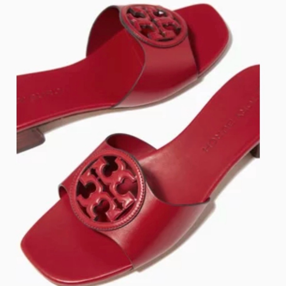 Tory Burch Bombè Miller Red Leather Block Heel Slide On Sandals
